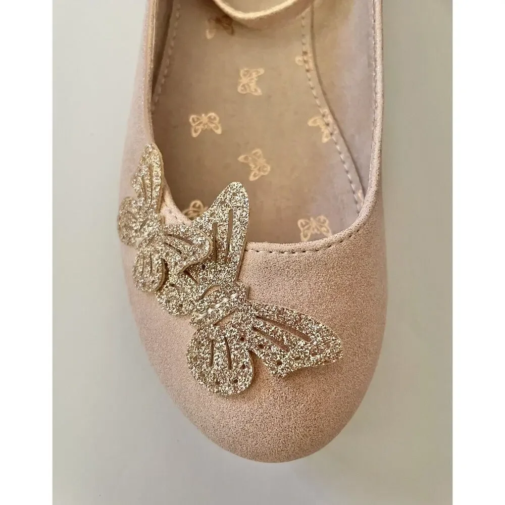 Self Esteem Blush Pink Sparkle Butterfly Ankle Strap Ballet Flat Shoes Size 2